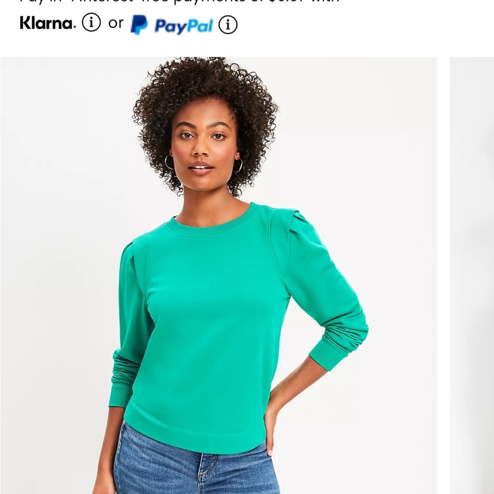 LOFT Green Puff Sleeve Sweatshirt